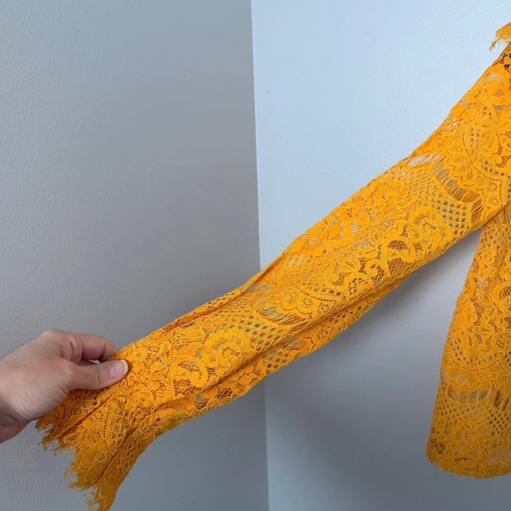 Golden Yellow Sheer Floral Lace Blouse Victorian Romantic‎ Boho Festival Top MED